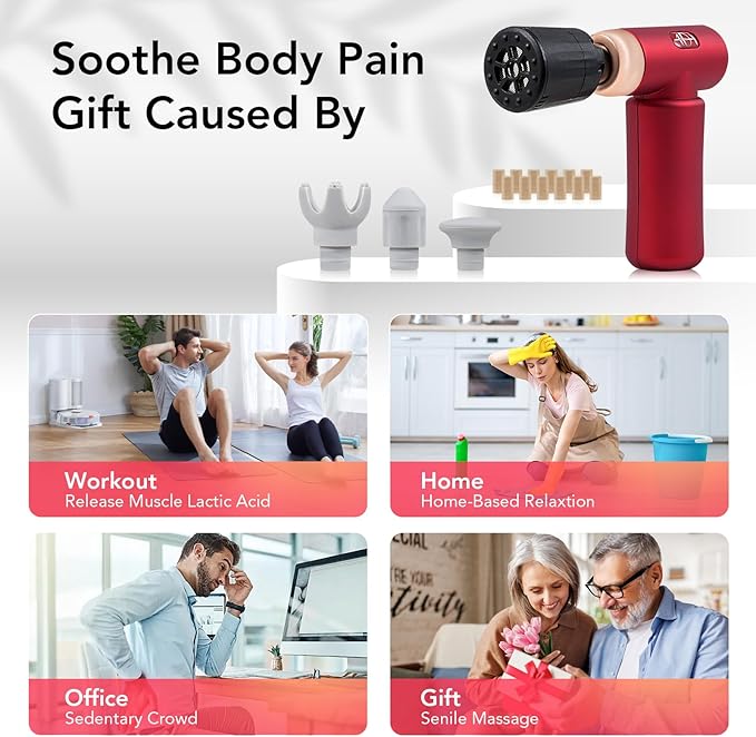 Deep Tissue Massage Gun, Back Massage Gun for Pain Relief, Replacement Heads for Moxibustion to Relieve Body Fatigue, Red