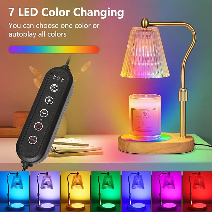 Candle Warmer Lamp with 7 LED Colors Changing,Candle Warmer with Timer Dimmer, Electric Candle Lamp with Adjustable Height Home Decor for Secented Jar Candles Christmas Gift for Mom Women