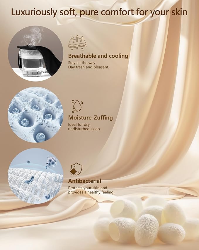 Silk Sleep Mask for Women and Men - Soft Breathable Organic Natural Mulberry Silk Fabric Blackout Eye Mask with Adjustable Straps No Pressure Eye Mask for Travel Essentials Gifts (Black)