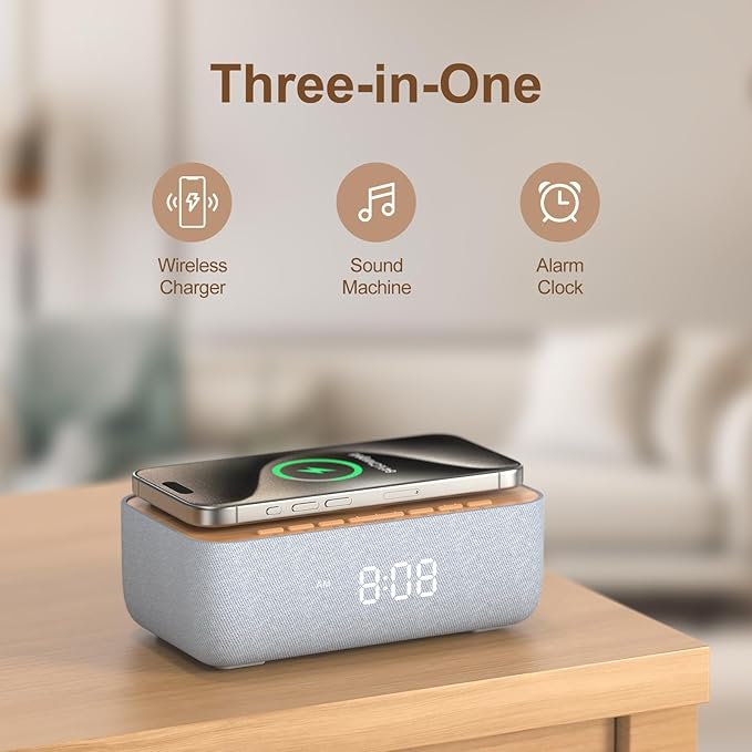 REACHER 15W Fast Magnetic Wireless Charging Alarm Clock with White Noise Machine, Woodgrain Style, 20 High‑Fidelity Sounds, Gradual Wake & Snooze, 0–100% Dimmable Digital Clock, Bedroom & Office