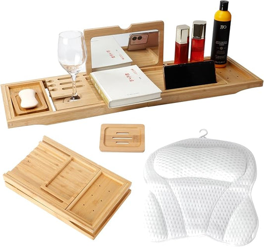 Bathtub Tray Table with Mirror and Bath Pillow, Expandable and Foldable Bamboo Bath Tray for Tub Soft and 4D Mesh Bathtub Pillow Luxury Bath Accessories Spa Gifts