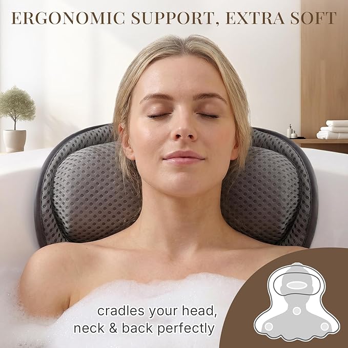 Bath Pillow, Luxury Bath Pillows for Tub, Relaxing Bathtub Pillows for Head and Neck Support, with 4D Air Mesh Fabric and Powerful Suction Cups, Great Bath Tub Accessories, Gray