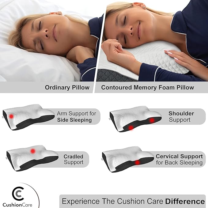 Charcoal Pillow for Neck and Shoulder Pain Relief – Bamboo Charcoal Memory Foam Cervical Pillow with Orthopedic Contour Support & Ventilated Cover – for Side, Back & Stomach Sleepers + Free Eye Mask