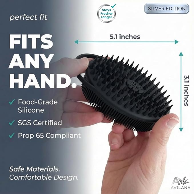 Avilana Silver Edition Scalp Massager Shampoo Brush - Silver-Ion Infused Silicone Scrubber, ISO Tested Soft Bristles, Stays Fresh All Hair Types Gentle Scalp Care Color Treated Safe Women Men Curly