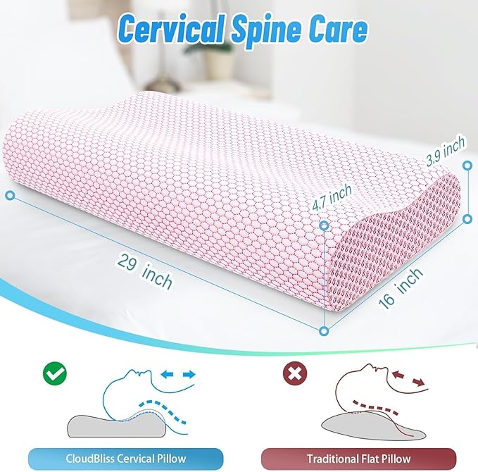 CloudBliss Memory Foam Pillow, Ergonomic Neck Contour Cervical Pillow for Back and Shoulder Pain, Orthopedic Pillow for Neck Pain Relief, for Sleeping Side, Back, Stomach Sleepers - Pink, Queen