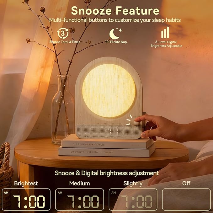 Vivilumens Gradual Sunrise Alarm Clock & White Noise Sound Machine for Better Sleep - Wood Grain Design, Wake-Up Light, Night Light, 10 Natural Sounds, Dual Alarms for Heavy Sleepers