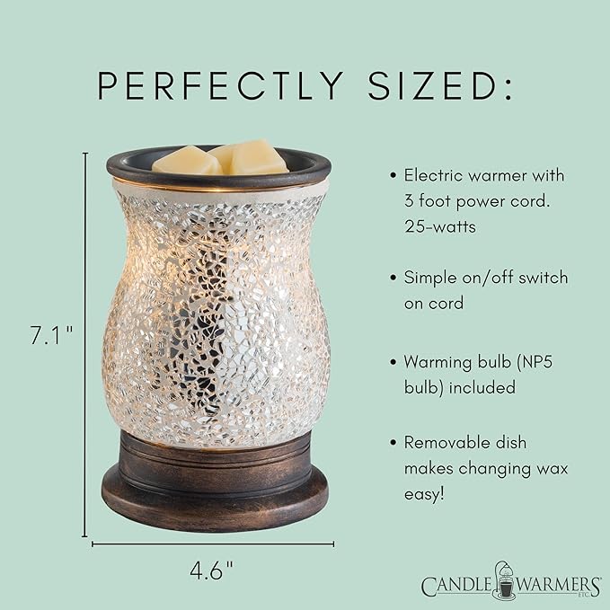 Candle Warmers ETC. Illumination Fragrance Warmer- Light-Up Warmer for Warming Scented Candle Wax Melts and Tarts or to Freshen Room, Reflection Mosaic Silver Glass