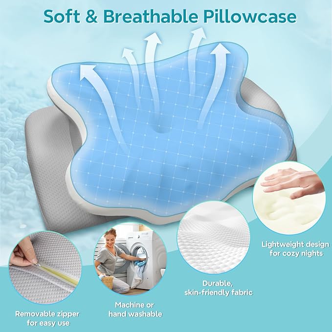 Cervical Pillow for Neck Pain Relief, Ergonomic Pillow for Side Sleeper, Memory Foam Neck Support for Back Sleepers, Dual Height Contour Pillow with Cooling Breathable Cover, White & Grey