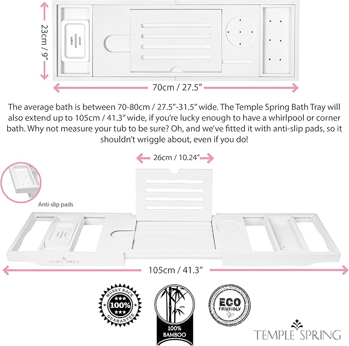 Temple Spring Wooden Bathtub Tray, Bamboo Bathroom Accessories, Bath Tray for Tub, at Home Spa Essentials, Board for Tub Table, Bath Caddy for Bathtub Accessories & Bathroom Essentials – White