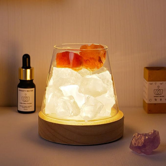 Runyangshi Himalayan Salt Crystal Night Lamp Diffuser Stones Natural Clear Quartz Crystal and Haling Gemstones with Remote Control - USB Port, 7 Colours, Dimming Mode for Bedroom & Home Decor