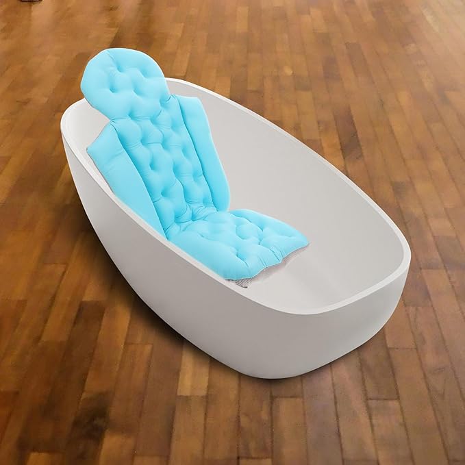 Zerodeko Full Body Bath Pillow with Back Support and Non-Slip Suction Cups, Blue Bathtub Cushion Mat for Adults, Comfortable Neck and Headrest Bath Tub Pillow for Relaxing Bathing
