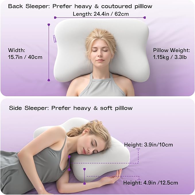 Side Sleeper Pillows - Patented Cervical Neck Pillow for Sleeping with Cooling & Removable Cover- High Loft Heavy Density Memory Foam Pillow for Side Back Sleepers (Light Grey)