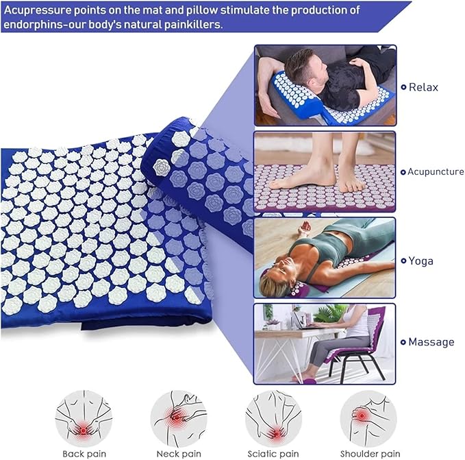 Upgrade Long Nonslip Acupressure Cushion Sensi Massage Mat Kuznetsov's applicator Relieve Back Pain Foot Massager Fitness Pilate(3pcs lotu Purple)