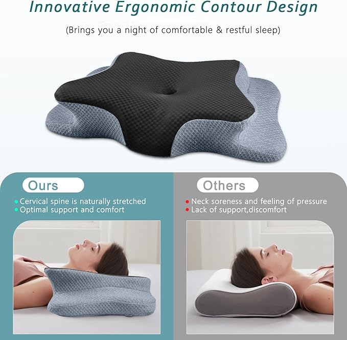 Cervical Neck Pillow for Pain Relief Sleeping, Contour Memory Foam Pillows, Ergonomic Side Sleeper Pillows for Adults, Cooling Orthopedic Neck Support Pillow for Back Stomach Sleepers