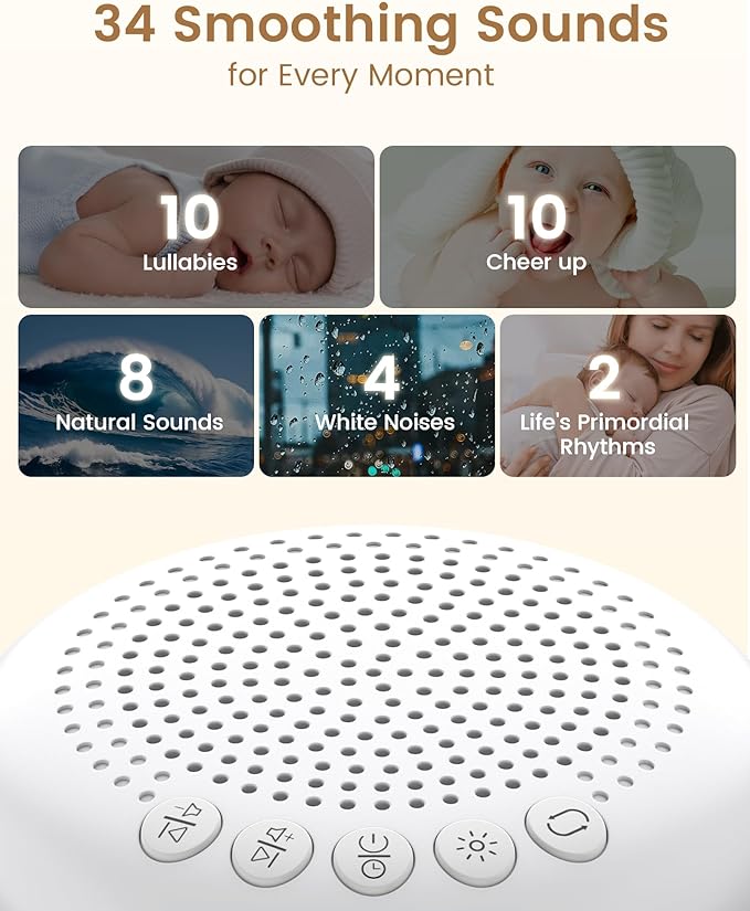 Glocusent 3-in-1 Portable Baby Sound Machine, White Noise Machine for Sleeping, Night Light & Phone Connected Speaker 34 Sounds Timing Function 1000mAh Large Battery Designed for Travel
