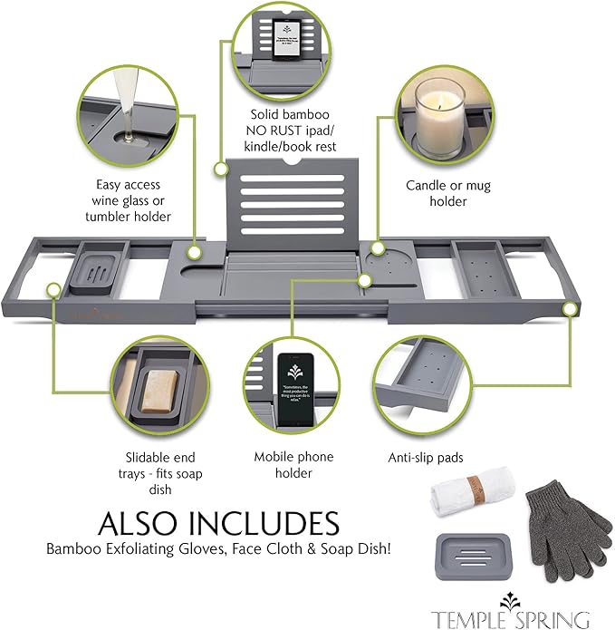 Temple Spring Wooden Bathtub Tray, Bamboo Bathroom Accessories, Bath Tray for Tub, at Home Spa Essentials, Board for Tub Table, Bath Caddy for Bathtub Accessories & Bathroom Essentials – Slate Grey