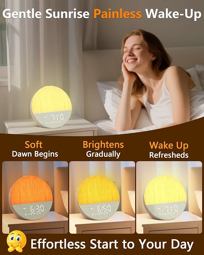 Sunrise Alarm Clock with Sound Machine: Gentle Gradual Wake Up Light for Heavy Sleepers Relieve Anxiety Dimmable Clock with Bluetooth Memory for Bedroom - White Noise Machine with 30 Sleep Sounds