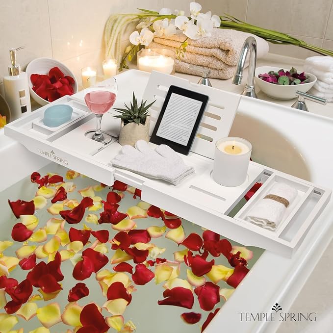 Temple Spring Wooden Bathtub Tray, Bamboo Bathroom Accessories, Bath Tray for Tub, at Home Spa Essentials, Board for Tub Table, Bath Caddy for Bathtub Accessories & Bathroom Essentials – White