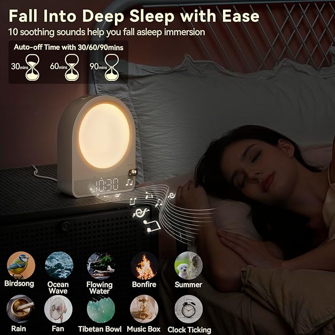 Vivilumens Sound Machine Alarm Clock, Gentle Sunrise Wake Up Light Alarm Clock for Heavy Sleepers Adults, Dimmable Night Light & RGB Meteors Lights Mode, 10 Natural Sounds, Great Gifts for Her
