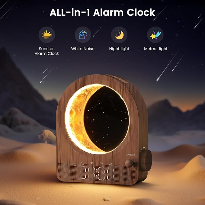 Sunrise Alarm Clock, White Noise Machine & Meteor Moonlight - 10 Soothing Sounds, Dual Alarms, 30/60/90min Timer, Easy Snooze - Bedroom Gift for Insomnia Adults/Women - Walnut