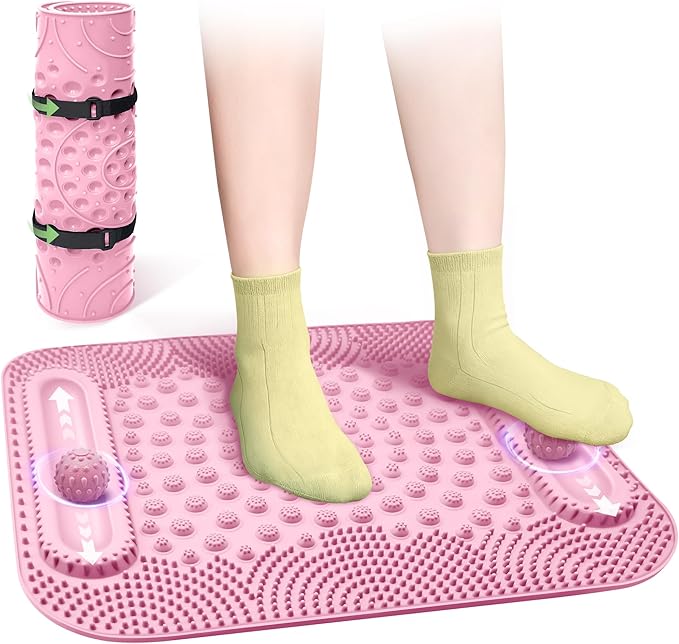 Large Foot Massage Mat with Two Massage Balls, 5-Zone Foot Reflexology Mat for Various Stimulation, Portable Acupressure Pressure Point Pad for Feet Relaxation, Pain, Fatigue Relief(Pink)