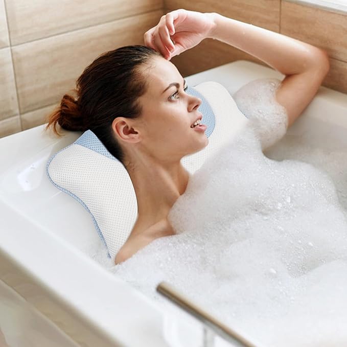 Bath Pillow for Tub with 4 Suction Cups, 3D Mesh Bathroom Pillow, Non-Slip Washable Spa Head and Neck Rest for Bathtub Relaxation
