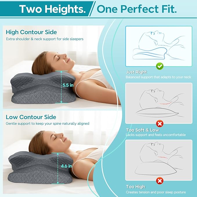 Cervical Neck Pillow for Sleeping, Ergonomic Memory Foam Pillow for Neck Pain Relief, Dual Height Contour Support for Side and Back Sleepers, Cooling Breathable Pillowcase, Grey