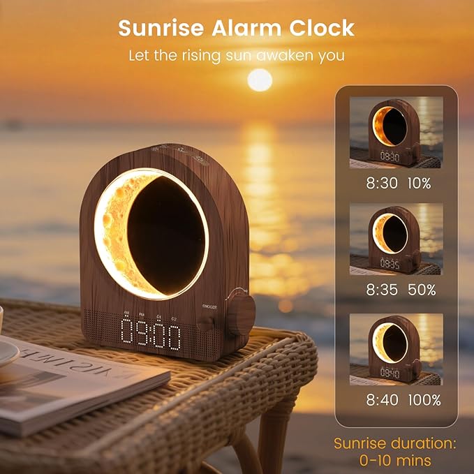 Sunrise Alarm Clock, White Noise Machine & Meteor Moonlight - 10 Soothing Sounds, Dual Alarms, 30/60/90min Timer, Easy Snooze - Bedroom Gift for Insomnia Adults/Women - Walnut