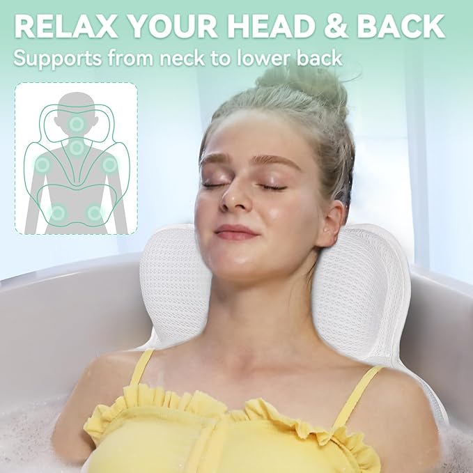 Bath Pillows for Tub - Luxury Bathtub Pillow Neck, Head, Back Support, Soft 4D Mesh Fabric and Non-Slip Suction Cups & Quick Dry, Fits All Tubs, Bath Soaking Accessories Spa Gifts, White