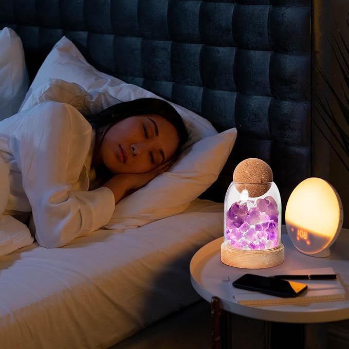 Runyangshi Amethyst Bud Night Lamp 6.3" Natural Healing Crystal Aroma Stone Diffuser Bedside Lamp USB Port 3 Colours Dimming Mode Bedroom Lamp Home Decor