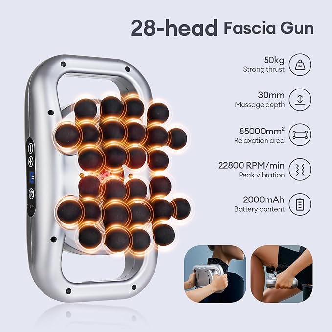 Massage Gun, 28 Head Foot Back Neck Shoulder Massager with 9 Adjustable Multi-Modes & Intensities, Fascia Gun for Athletes, Birthday Gifts for Men