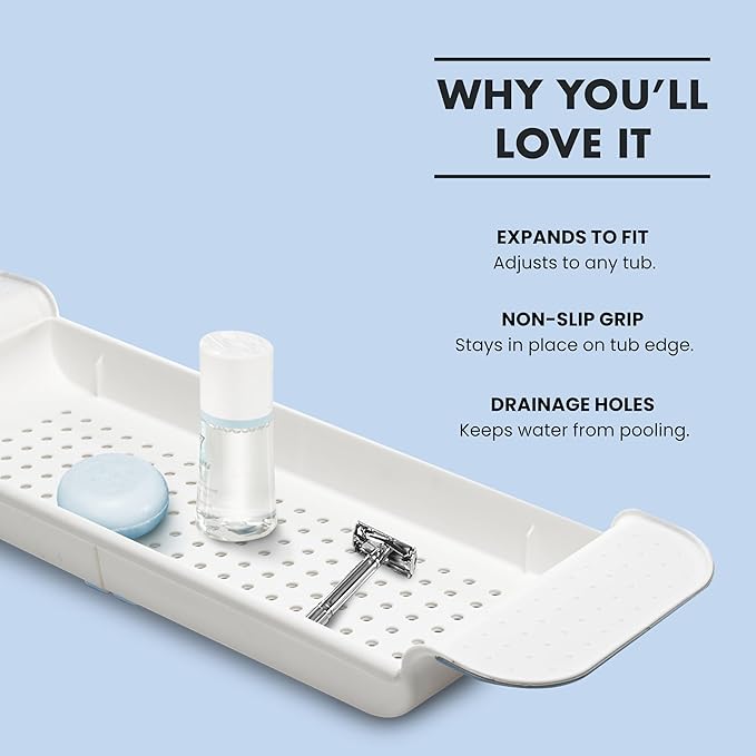 madesmart Expandable Bath Shelf, Adjustable Bathtub Tray for Bath-Night, Holds Glasses, Soaps, Toys & Bath Essentials, Non-Slip Grip, Fits Most Tubs, Blue