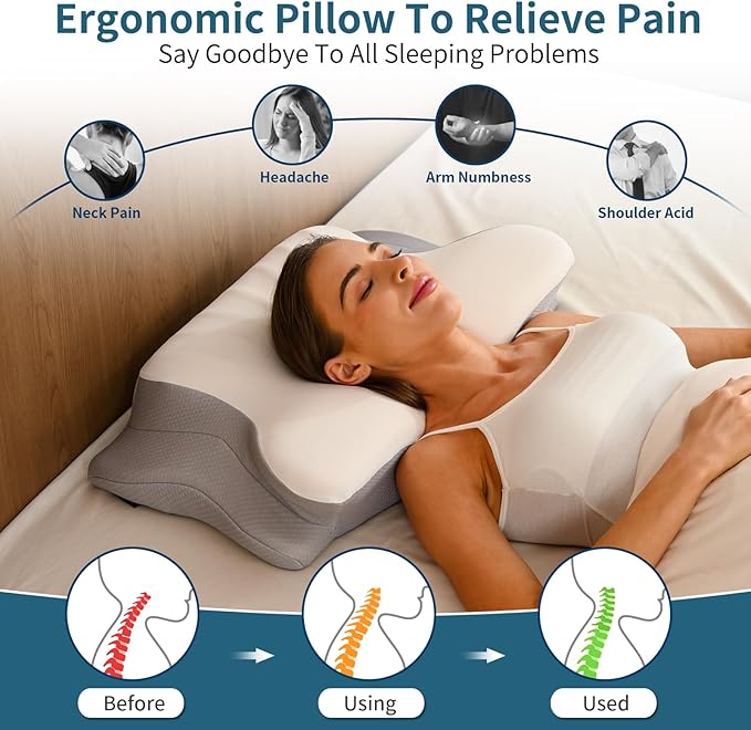 Cervical Neck Pillow for Pain Relief, Ergonomic Pillow Side Sleeper Pillow for Sleeping, Contour Memory Foam Pillows with Cooling Pillowcase Orthopedic Bed Pillow for Back Stomach Sleepers