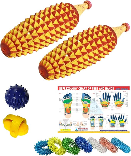 BOSKY Handmade Wooden Ancient Acupressure Spiked Hand Massager Exercise Therapy Deep Tissue Set of 2 Pcs, Sujok Ball and Rings with Reflexology Chart (AS-2)