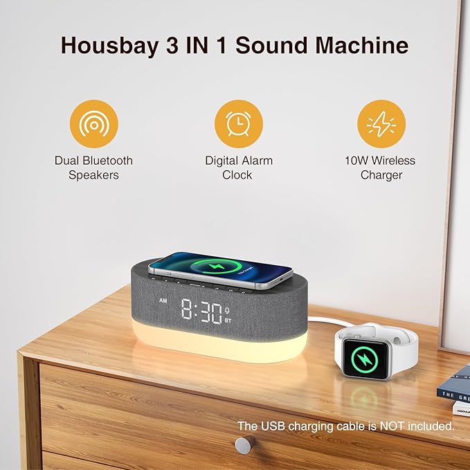 HOUSBAY Sound Machine with Alarm Clock for Bedrooms, Dual Speakers, 21 HiFi Sounds, 10W Wireless Charger, Unlimited Sound, Bluetooth, 10 Night Light, White Noise Machine for Sleeping, Black
