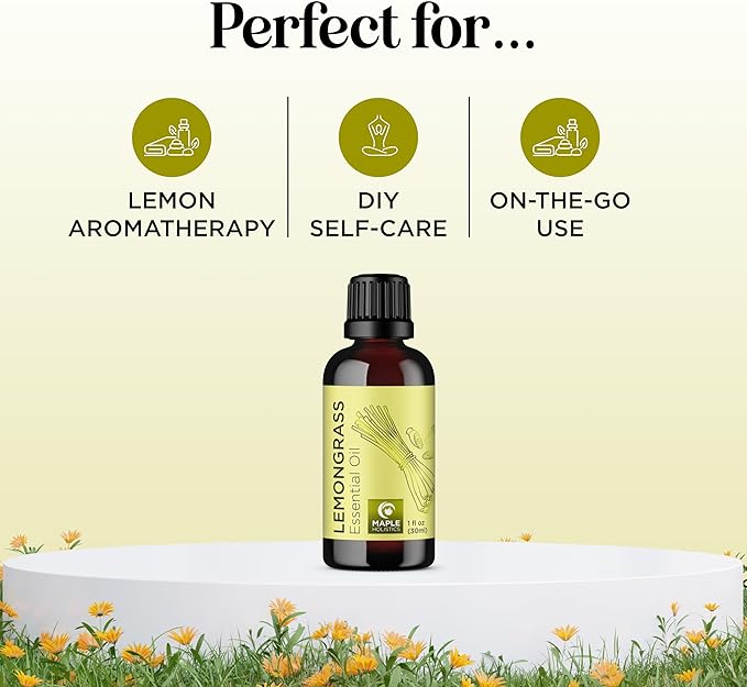 Pure Refreshing Lemongrass Essential Oil - Aromatherapy Lemongrass Oil for Hair Nails and Skin Plus Potent Natural Aromatic Essential Oil for Diffusers for Home and Travel from Maple Holistics