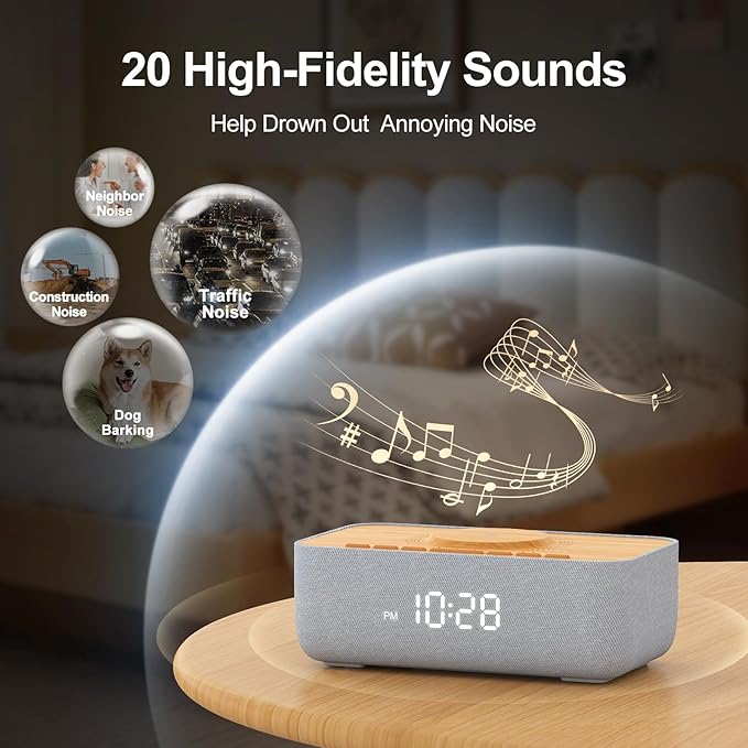 REACHER 15W Fast Magnetic Wireless Charging Alarm Clock with White Noise Machine, Woodgrain Style, 20 High‑Fidelity Sounds, Gradual Wake & Snooze, 0–100% Dimmable Digital Clock, Bedroom & Office