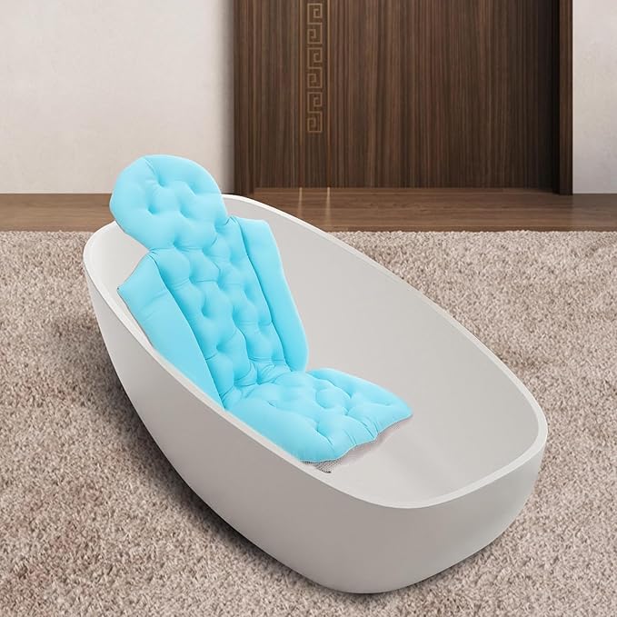 Zerodeko Full Body Bath Pillow with Back Support and Non-Slip Suction Cups, Blue Bathtub Cushion Mat for Adults, Comfortable Neck and Headrest Bath Tub Pillow for Relaxing Bathing