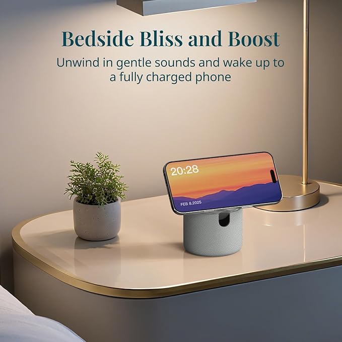 ANJANK White Noise Sound Machine with Wireless Charger Stand, 20 Soothing Sleep Sounds, 32-Levels Volume, Auto-Off Timer, Magnetic Charging for iPhone, White Noise Machine for Adults, Home, Travel