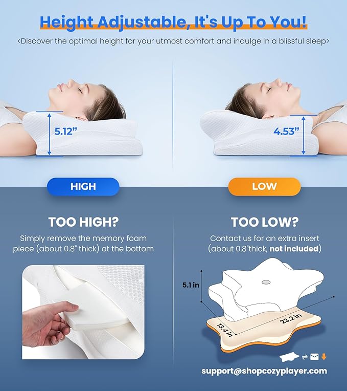 Ultra Pain Relief Cooling Pillow for Neck Support, Adjustable Cervical Pillow Cozy Sleeping, Odorless Ergonomic Contour Memory Foam Pillows, Orthopedic Bed Pillow for Side Back Stomach Sleeper