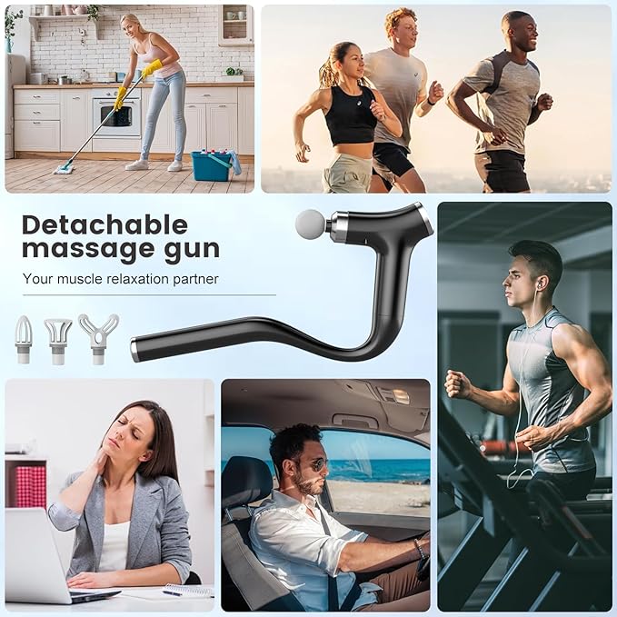 Detachable Long Handle Massage Gun for Back Pain Relief, Deep Tissue Percussion Massager with 12 Speed Levels, Handheld Muscle Massager for Back Shoulders Neck with 4 Attachments
