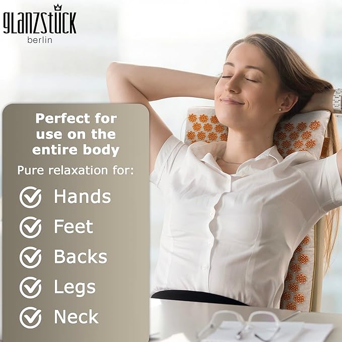 Glanzstück Berlin® Acupressure Mat Set Premium, Beginner Suitable, Made of Linen, Neck and Back Pain Relief, with Pillow (Heat Function) & Bag, Sustainable