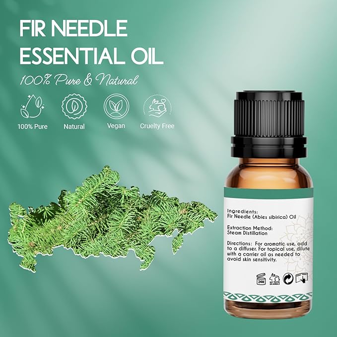 100% Pure Organic Fir Needle Essential Oil 0.34 Fl Oz, Natural Fir Needle Oil in Amber Glass Bottle with Dropper for Diffuser Massage Skin Care DIY