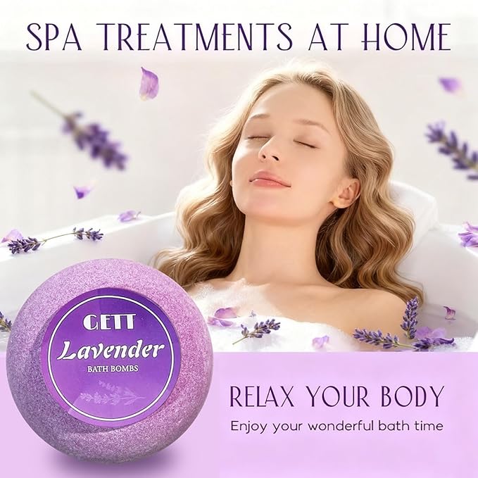 GETT Lavender Bath Bombs 4-pcs, Individually Wrapped Bath Bombs for Men & Women, Luxury Gift Set with Vegan and Essential Oils, Relaxing and Moisturizing Bubble Bath, Organic Bath Essentials for All