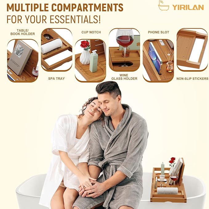 Yirilan Teak Bathtub Tray for Tub, Bath Table Tray for Tub Wood, Bathtub Caddy, Luxury Gift for House Warming, Wedding, Bridal Shower, Anniversary