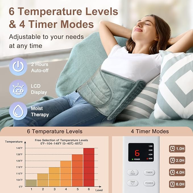 Heating Pad for Back Pain Relief, Electric Heating Pad for Period Cramps Neck Shoulders with Belt, 4 Timer 6 Heat Setting & Auto Shut Off, 12"x24"+20" Large Moist Heat Pad for Mom,Dad