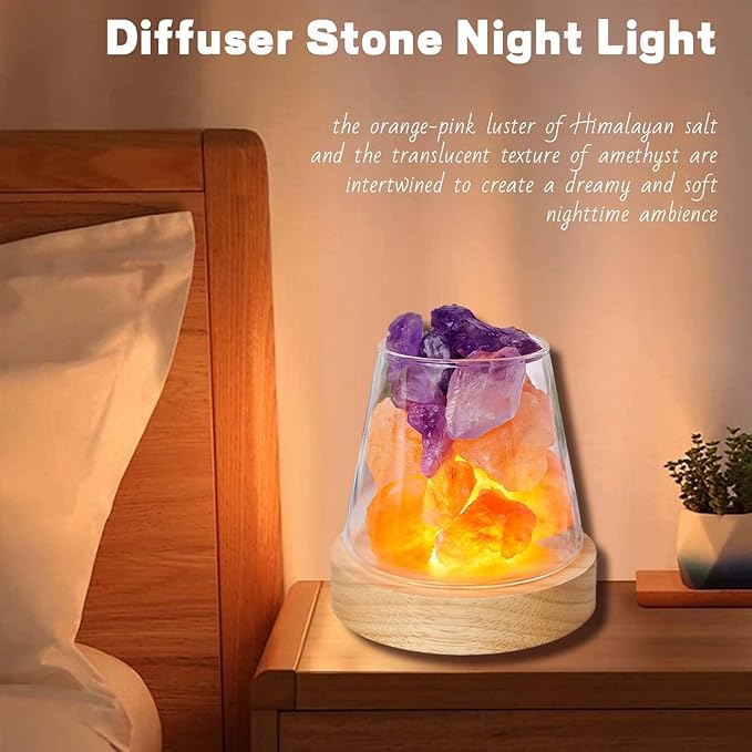 Runyangshi Healing Crystal Night Light Natural Himalayan Salt & Amethyst Raw Stones Aroma Diffuser USB Powered 3 Colour Adjustable Bedside Lamp for Bedroom Living Room Yoga Meditation Home Decor Gift
