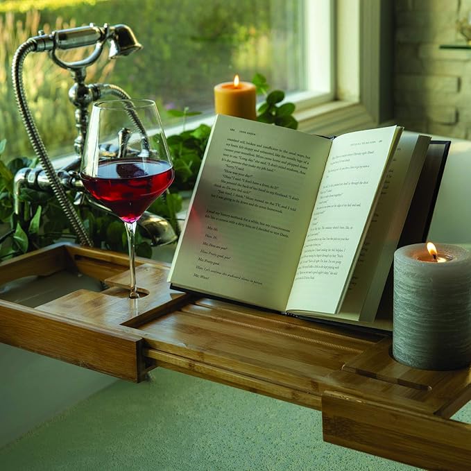 Yogibo Traybo H2O Luxury Bath Caddy Trays for Bathtub, Expandable Adjustable Bamboo Tub Tray Organizer with Book, Wine, Candle Holder for Reading and Spa