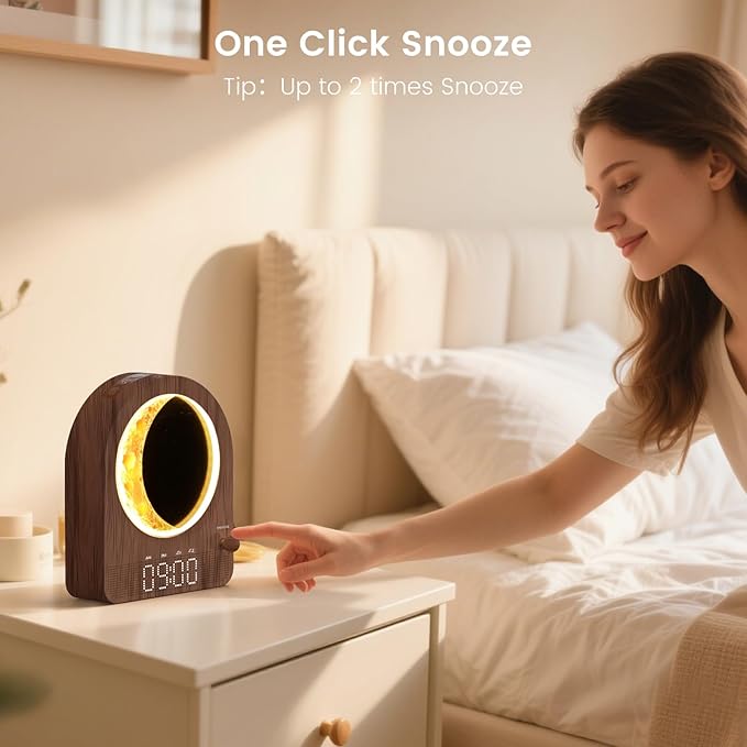 Sunrise Alarm Clock, White Noise Machine & Meteor Moonlight - 10 Soothing Sounds, Dual Alarms, 30/60/90min Timer, Easy Snooze - Bedroom Gift for Insomnia Adults/Women - Walnut