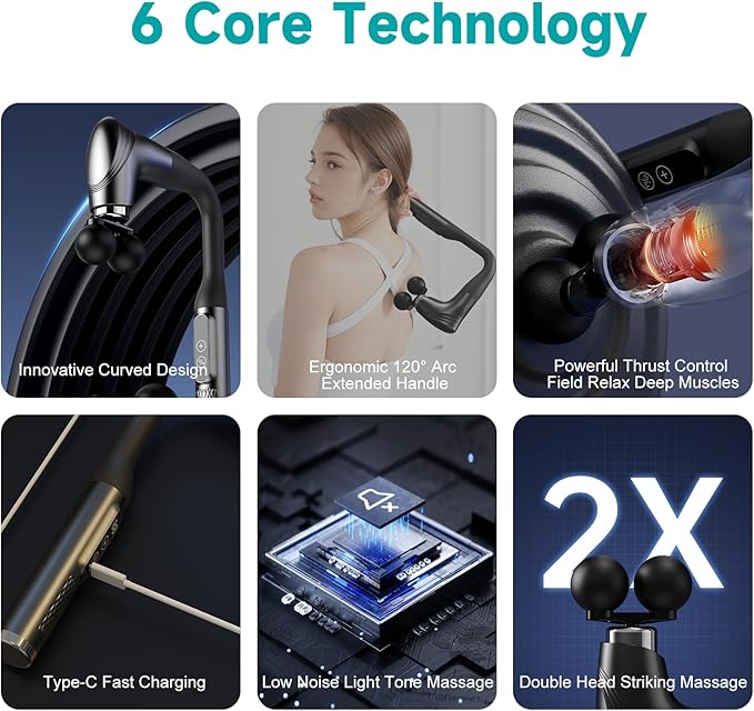 Double-Headed Elbow Massage Gun, Percussion Muscle Massager, Suitable For Sore Muscles In The Back, Shoulders, Waist And Legs, Detachable Extended Handle, 12-Speed Adjustable, 5 Heads Are Replaceable